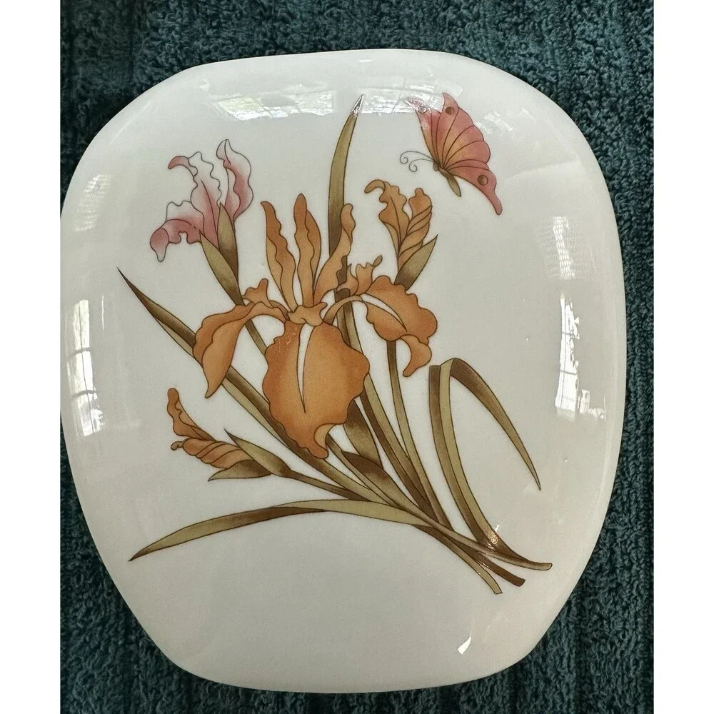 Vintage Japanese Flat Pillow Vase White Porcelain Iris Flower Butterfly Gold Rim